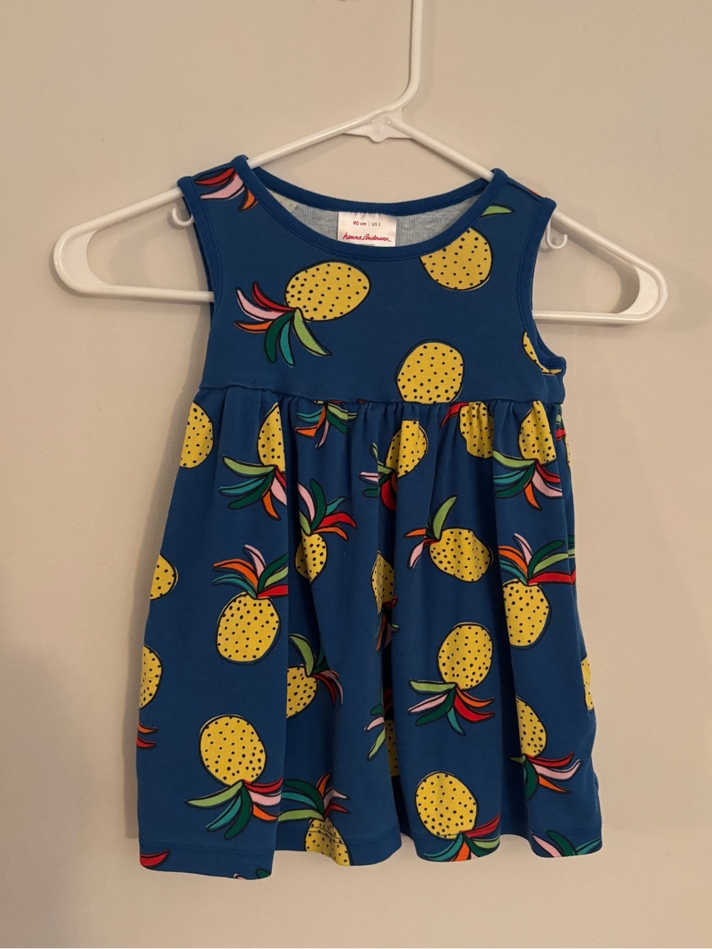 Hanna Andersson Dress Sleeveless Pineapple Print Cotton Blue Pockets 3T